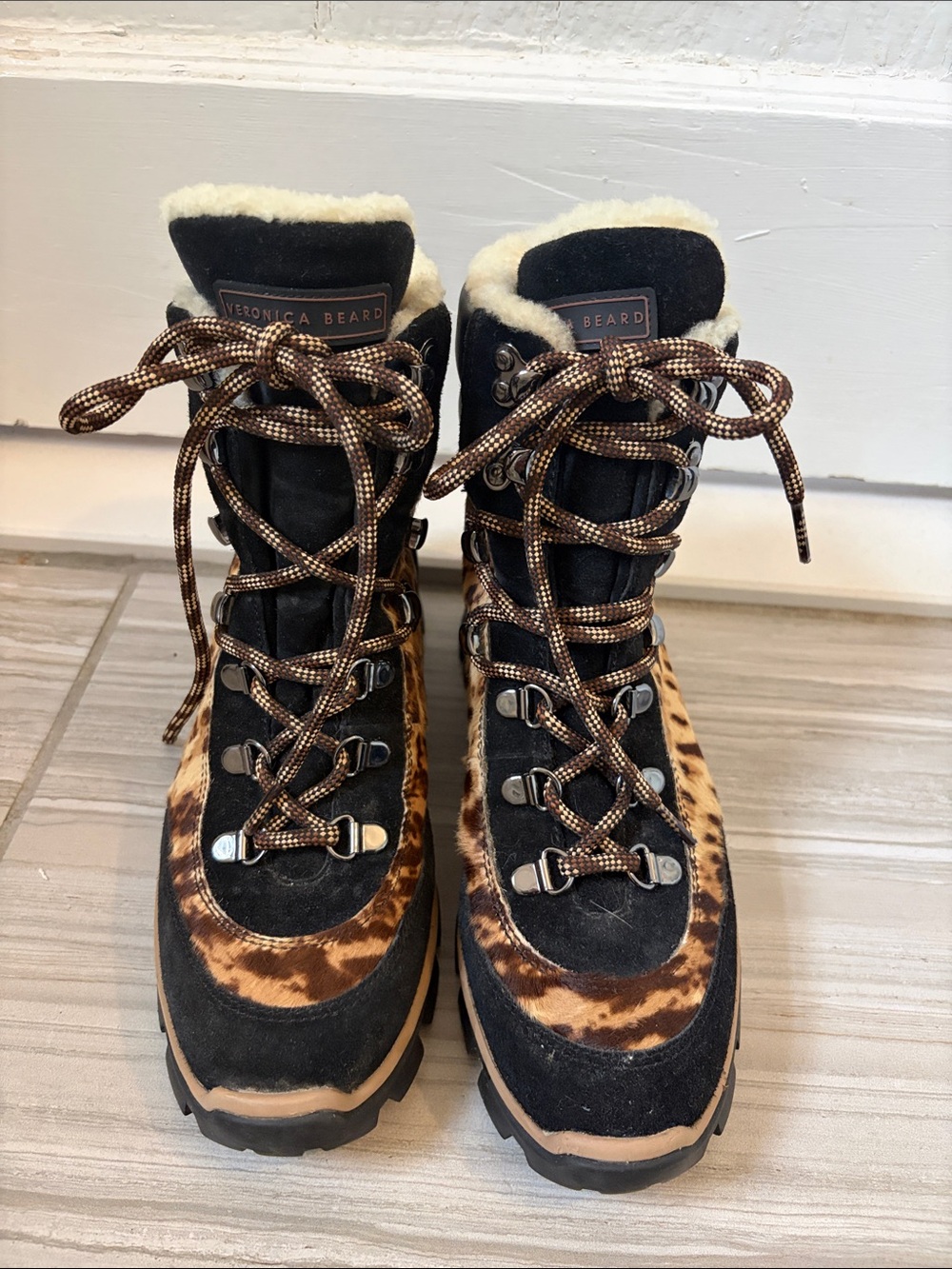 Veronica Beard Black Suede Galina Hiker Boots with Leopard Trim